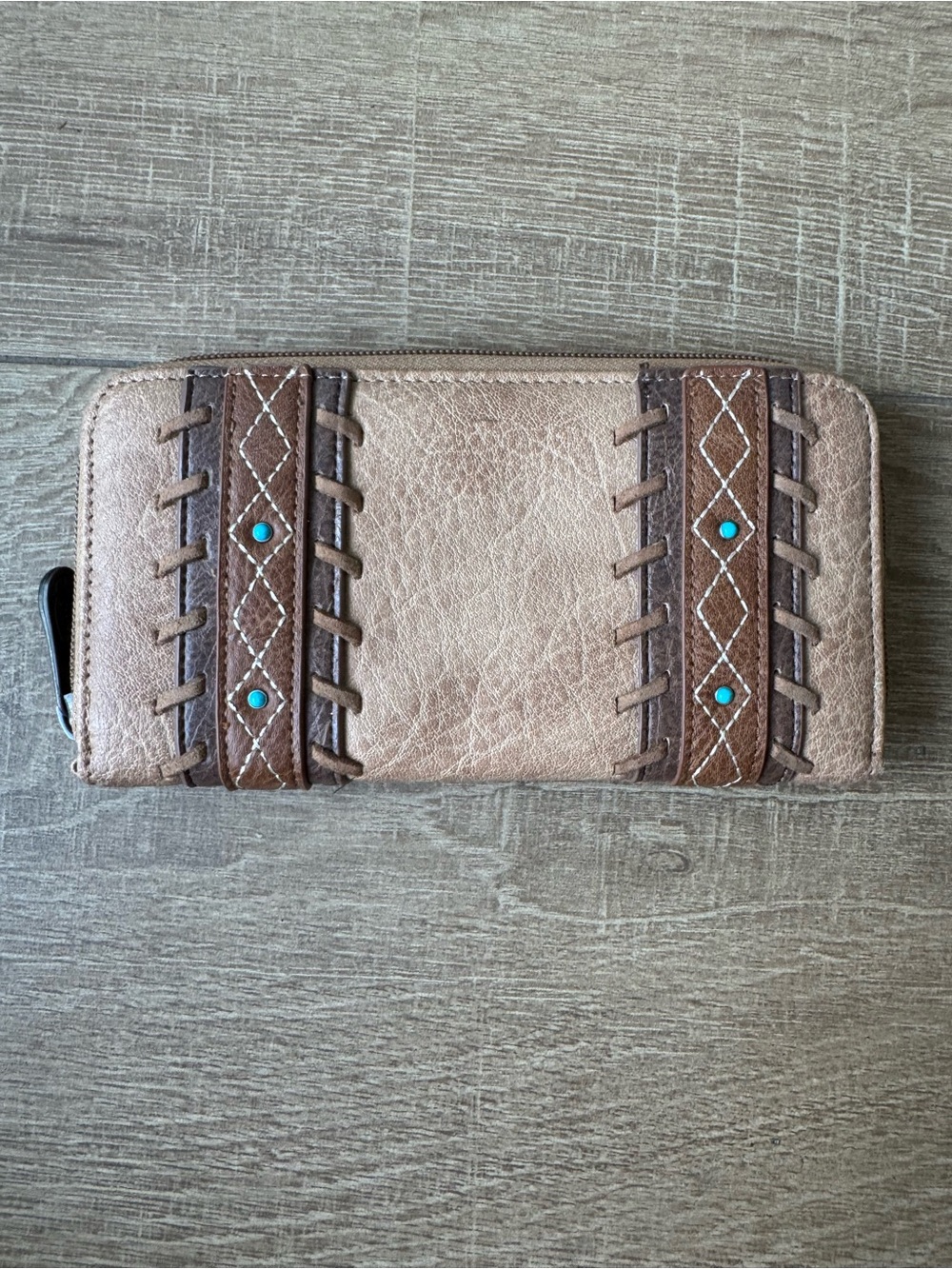 Women's Brown Leather Zip-Around Wallet with Turquoise Accents